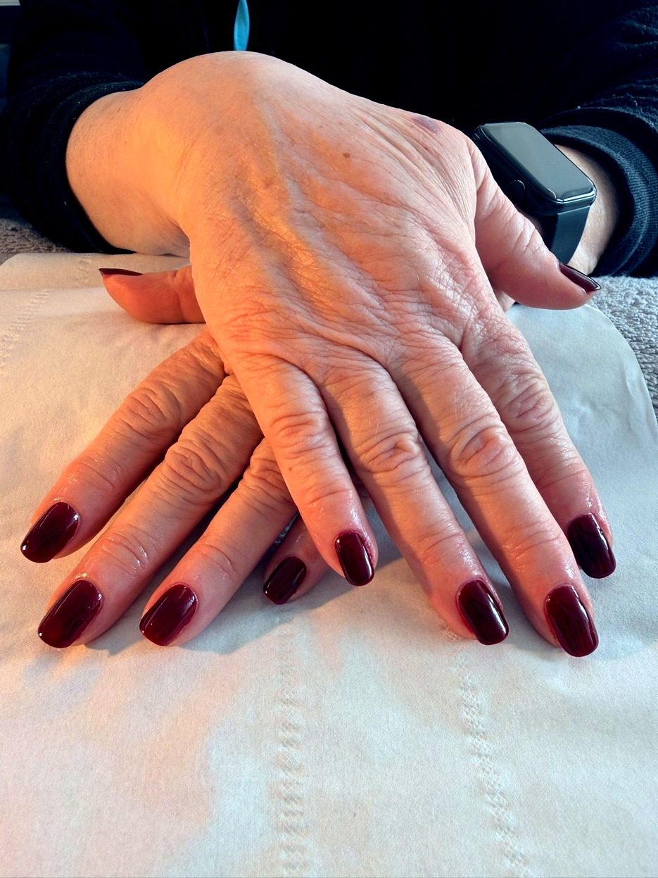 Burgundy shellac nails New Brighton